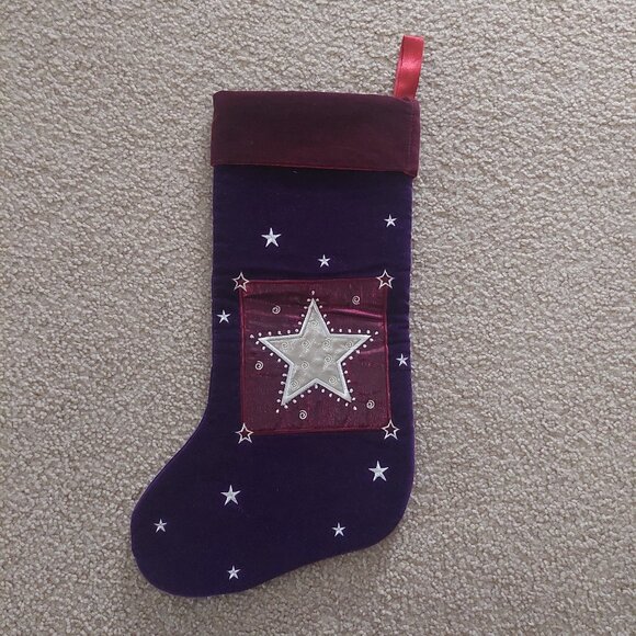 Vintage Velor Velvet Purple Plum Christmas Stocking w/Embroidered Stars EUC - Picture 1 of 3